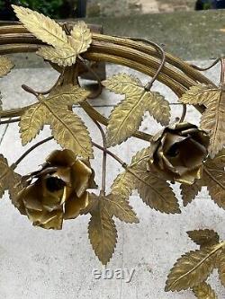 Vintage Art Nouveau Gilded Metal Canopy with Foliage and Flower Lamps