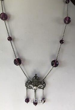 Vintage Art Nouveau Revival Violet Faceted Glass Beads Genuine Pearl Necklace