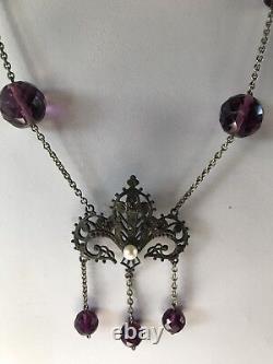 Vintage Art Nouveau Revival Violet Faceted Glass Beads Genuine Pearl Necklace