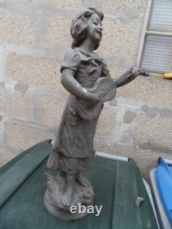 Vintage Art Nouveau Signed Moreau and De Ranieri Regule Statue of a Woman with a Guitar