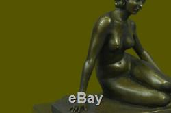 Vintage Art Nouveau Style Bronze & Marble Victorian Lady Erotic Nude Statue Deco