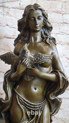 Vintage Art Nouveau Style Woman Bird Bronze Figurative Garden Sculpture Statue