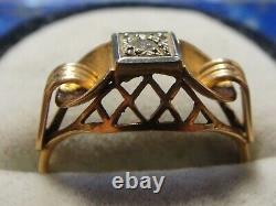 Vintage Art Nouveau Tank Ring Gold 18k 750 + Diamonds Hallmarks 3.11g T57/58