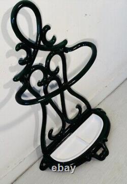 Vintage Art Nouveau Umbrella Stand Green Enamel Cast Iron Ceramic Made in France