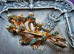 Vintage Bronze Turquoise Art Nouveau French Antique Vintage Brooch