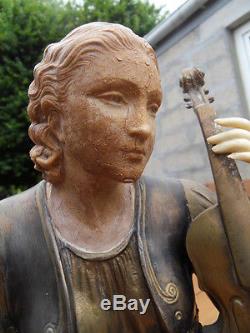 Vintage Chryselephantine Woman Statue With Violin Art Nouveau Deco On Marble