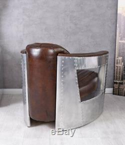 Vintage Club Chair Aluminum & Thick Leather Art Deco Aircraft Dc3 Wooden Frame