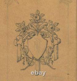 Vintage Crayon Original Decoration Drawing Art Nouveau, Architecture, Flowers