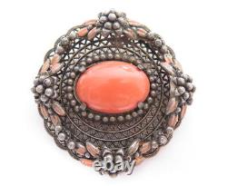 Vintage Czech Art Deco New False Coral Floral Glass Plated Silver Brooch