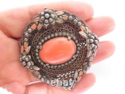 Vintage Czech Art Deco New False Coral Floral Glass Plated Silver Brooch