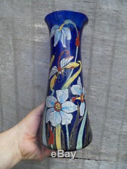 Vintage Enamelled Vase Dragonfly Narcissus Cobalt Blue Glass Art Nouveau Legras