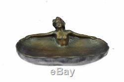 Vintage Flesh Lady Dancer Art Statue Armor Bronze Ashtray Piece Tray Deco