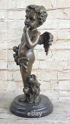 Vintage French Art Nouveau Bronze Sculpture of Winged Cherub signed Moreau