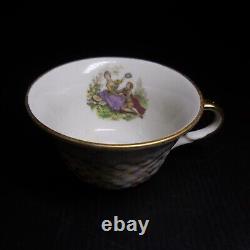 Vintage French Porcelain Coffee Cup Art Nouveau Flower Scene Gold Genre or N8808