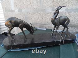 Vintage French Statue Art Nouveau 2 Gazelle Antelope On Marble Antelope