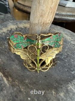 Vintage Gold Plated Art Nouveau Revival Adjustable 7 Inch Dragonfly Enamel Bracelet