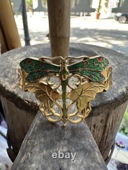 Vintage Gold Plated Art Nouveau Revival Adjustable 7 Inch Enamel Dragonfly Bracelet