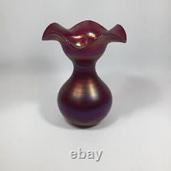 Vintage Kralik Art New Iridescent Red Glass Vase Volants Design Signed Rare