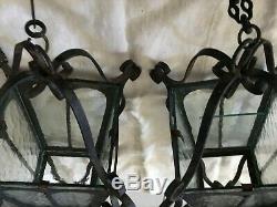 Vintage Lot Of 2 Suspensions With Chains Wrought Iron Black And Glasses Height 49 CM
