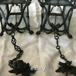 Vintage Lot Of 2 Suspensions With Chains Wrought Iron Black And Glasses Height 49 CM
