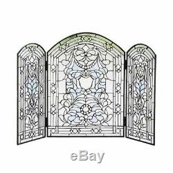 Vintage Makenier Tiffany Style Stained Glass Decorative Art 3-panel Fireplace