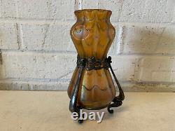 Vintage Old Loetz Type Art Glass Vase W / Metal New Style Mounting
