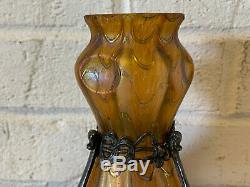 Vintage Old Type Loetz Art Glass Vase W / New Style Metal Mounting