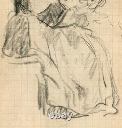 Vintage Original Art Nouveau Crayon Drawing Women Figures Portrait