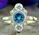 Vintage Rond Aigue-marine Art Deco Former Engagement Ring 925 Sterling Silver