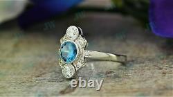 Vintage Round Aigue-marine Art Deco Antique Engagement Ring 925 Sterling Silver