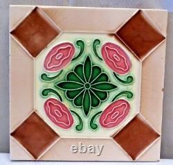 Vintage Saji Art Nouveau Ceramic Tiles Floral Pattern Green & Pink Japan Old