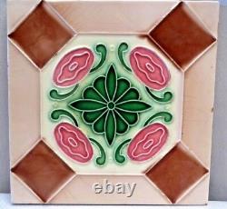 Vintage Saji Art Nouveau Ceramic Tiles Floral Pattern Green & Pink Japan Old