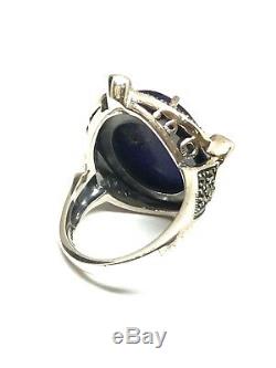 Vintage Silver 925/1000 Ring With Art Deco Look, Lapis Lazuli And Marcasites