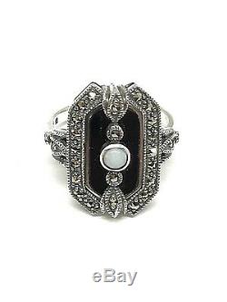 Vintage Silver 925/1000 Ring With Art Deco, Onyx, Opal And Marcasite Look