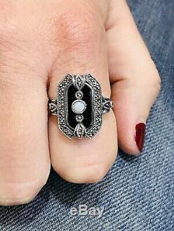 Vintage Silver 925/1000 Ring With Art Deco, Onyx, Opal And Marcasite Look