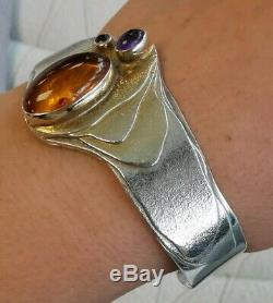 Vintage Sterling Silver Bracelet Amethyst And Amber, Art Nouveau