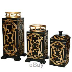 Vintage Style Art Deco Black / Gold Candle Holders / Box Set Of Three