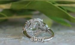 Vintage Style Art Deco Ring 3ct Cushion Cup Diamond 14ct White Gold On Silver