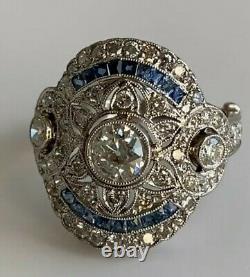 Vintage Style Art Deco Sapphire Blue & Diamond Ring 14k White Gold Fn925