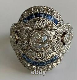 Vintage Style Art Deco Sapphire Blue & Diamond Ring 14k White Gold Fn925