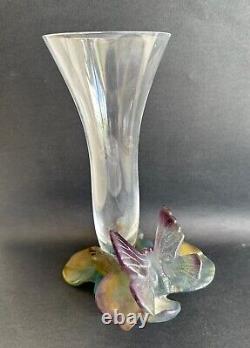 Vintage signed Daum France crystal soliflore vase with floral butterfly art nouveau design
