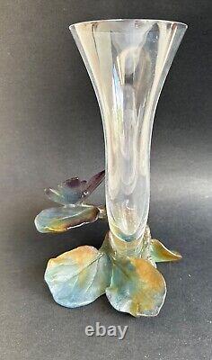 Vintage signed Daum France crystal soliflore vase with floral butterfly art nouveau design