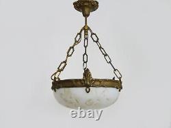 Vintage suspended Art Nouveau style ceiling light with 1 white glass lampshade