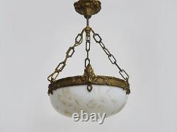 Vintage suspended Art Nouveau style ceiling light with 1 white glass lampshade