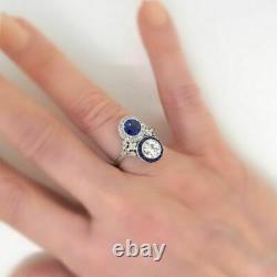 White Diamond And Sapphire Blue Vintage Art Deco Engagement Ring