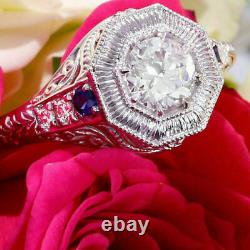 White Moissanite Rond Art Deco Vintage Engagement Ring 14k Or White