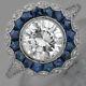 1.10ct Blanc & Bleu Diamant Vintage Art Déco Engagement Bague 925 Argent