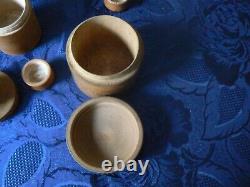 2 Pots 3 Flacons Saupoudreurs De Toilette Bois Clair Anciens Vintage Collection
