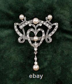 9901621 Vintage 925er Argent Broche Art Nouveau Pierres Swarovski Perle L4, 5cm