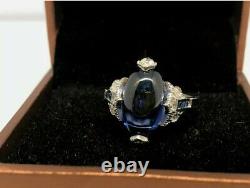 9Ct Cabochon Bleu Saphir Diamant Art Déco Vintage Bague or Blanc F Argent